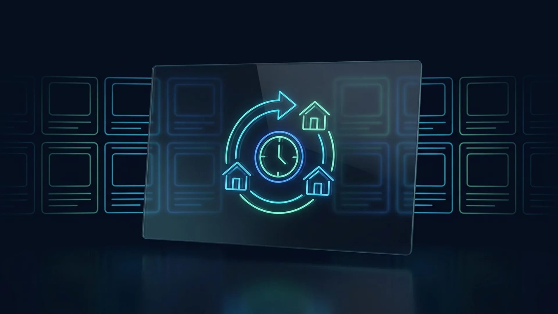 Neon line-art illustration on dark glass board: a circular rotation arrow loop connecting three small house ic