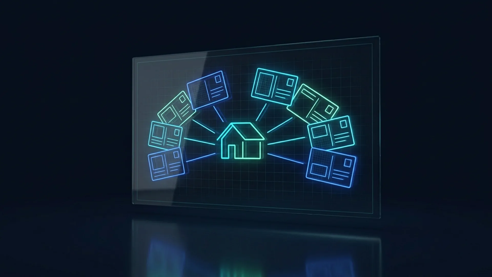 Neon line-art on dark glass board, no text, no people: a single house outline at the center connected by thin 